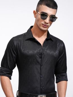 HIGHLANDER - Men Black Polyester Blend Self Design Slim Fit Shirt