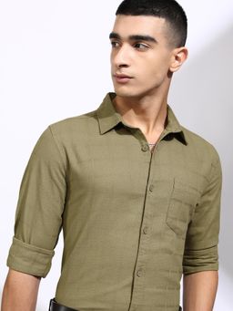 HIGHLANDER - Men Khaki Cotton Checks Regular Fit Shirt