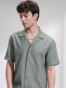 HIGHLANDER - Men Green Cotton Stripes Relaxed Fit Shirt