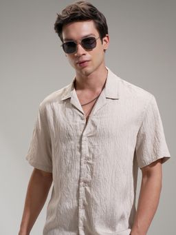 HIGHLANDER - Men Beige Viscose Textured Relaxed Fit Shirt