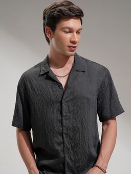 HIGHLANDER - Men Black Viscose Textured Relaxed Fit Shirt
