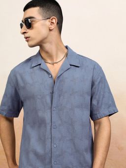 HIGHLANDER - Men Blue Cotton Self Design Relaxed Fit Shirt