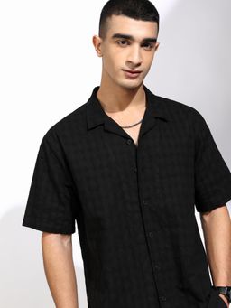HIGHLANDER - Men Black Cotton Self Design Relaxed Fit Shirt