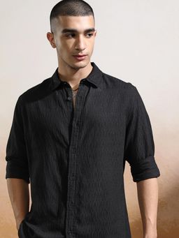 HIGHLANDER - Men Black Cotton Blend Self Design Regular Fit Shirt