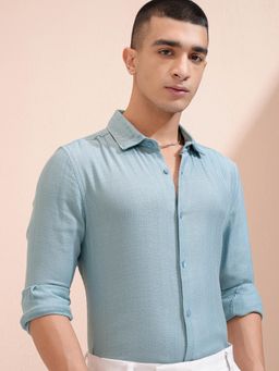 HIGHLANDER - Men Blue Cotton Blend Textured Regular Fit Formal Shirt