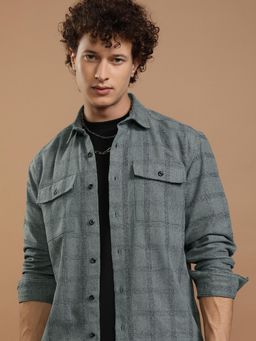 HIGHLANDER - Men Grey Cotton Blend Checks Relaxed Fit Shirt