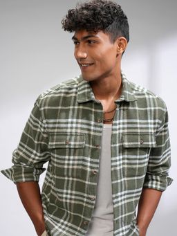 HIGHLANDER - Men Olive Cotton Blend Checks Relaxed Fit Shirt