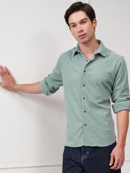 HIGHLANDER - Men Green Polyester Blend Textured Slim Fit Shirt