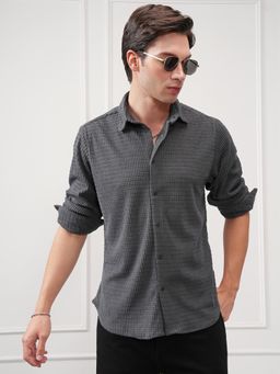 HIGHLANDER - Men Grey Polyester Blend Textured Slim Fit Shirt