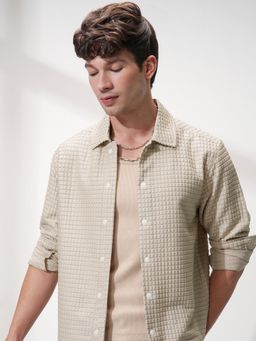 HIGHLANDER - Men Beige Polyester Blend Self Design Relaxed Fit Shirt