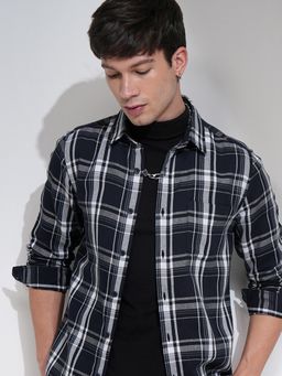 HIGHLANDER - Men Blue Cotton Checks Slim Fit Shirt