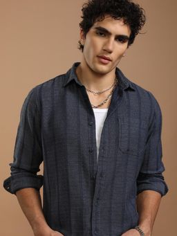 HIGHLANDER - Men Blue Cotton Blend Stripes Slim Fit Shirt