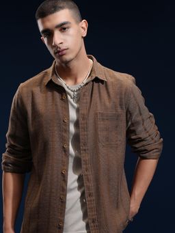 HIGHLANDER - Men Brown Cotton Blend Stripes Slim Fit Shirt