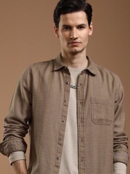 HIGHLANDER - Men Khaki Cotton Blend Stripes Slim Fit Shirt