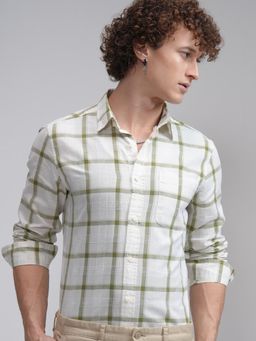 HIGHLANDER - Men White Cotton Checks Slim Fit Shirt
