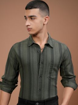 HIGHLANDER - Men Olive Cotton Self Design Slim Fit Shirt