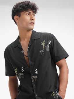 HIGHLANDER - Men Black Cotton Blend Floral Relaxed Fit Shirt