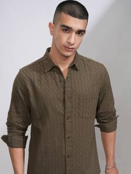 HIGHLANDER - Men Khaki Cotton Self Design Slim Fit Shirt