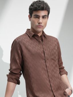HIGHLANDER - Men Brown Cotton Textured Slim Fit Shirt