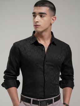HIGHLANDER - Men Black Cotton Self Design Slim Fit Shirt