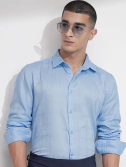 HIGHLANDER - Men Blue Cotton Self Design Slim Fit Shirt