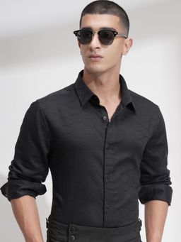 HIGHLANDER - Men Black Cotton Self Design Slim Fit Shirt