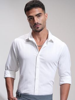 HIGHLANDER - Men White Polyester Blend Stripes Slim Fit Shirt