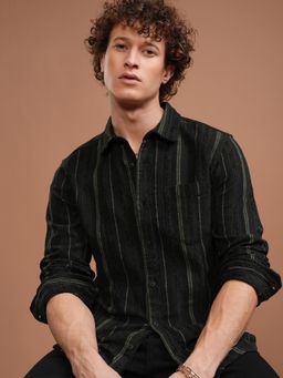 HIGHLANDER - Men Green Polyester Blend Stripes Slim Fit Shirt