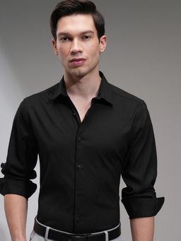 HIGHLANDER - Men Black Polyester Blend Self Design Slim Fit Formal Shirt