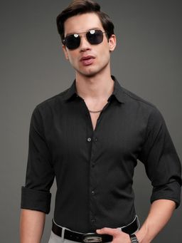 HIGHLANDER - Men Black Polyester Blend Self Design Slim Fit Formal Shirt