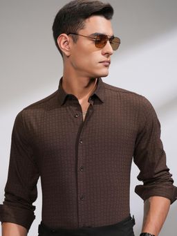 HIGHLANDER - Men Brown Polyester Blend Textured Slim Fit Shirt