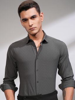 HIGHLANDER - Men Grey Polyester Blend Textured Slim Fit Shirt