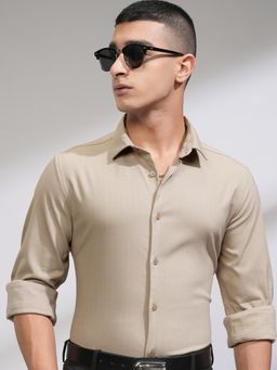 HIGHLANDER - Men Beige Polyester Blend Self Design Slim Fit Shirt