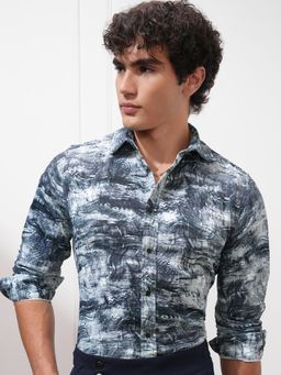 HIGHLANDER - Men Blue Polyester Abstract Slim Fit Shirt