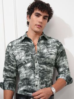 HIGHLANDER - Men Olive Polyester Abstract Slim Fit Shirt