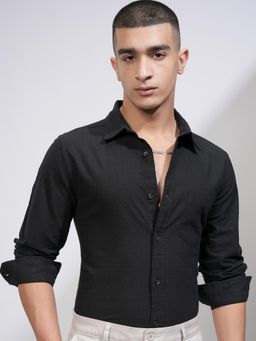 HIGHLANDER - Men Black Cotton Self Design Slim Fit Shirt