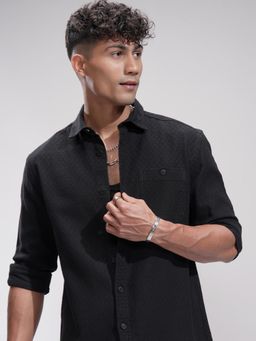 HIGHLANDER - Men Black Cotton Textured Relaxed Fit Shirt