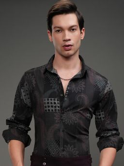 HIGHLANDER - Men Black Polyester Blend Printed Slim Fit Shirt