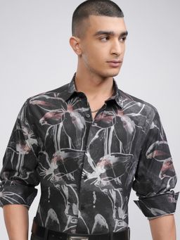 HIGHLANDER - Men Black Viscose Floral Slim Fit Shirt