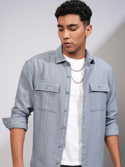 HIGHLANDER - Men Blue Cotton Blend Stripes Relaxed Fit Shirt