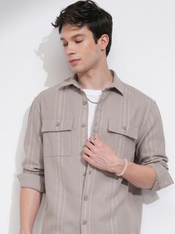 HIGHLANDER - Men Tan Cotton Blend Stripes Relaxed Fit Shirt