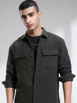 HIGHLANDER - Men Green Polyester Blend Textured Relaxed Fit Shirt
