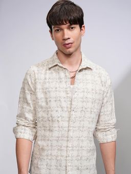 HIGHLANDER - Men Cream Cotton Self Design Slim Fit Shirt