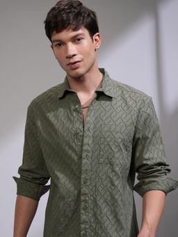 HIGHLANDER - Men Green Cotton Blend Self Design Relaxed Fit Shirt