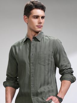 HIGHLANDER - Men Olive Cotton Blend Stripe Relaxed Fit Shirt