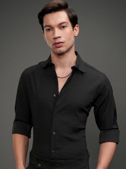 HIGHLANDER - Men Black Polyester Blend Self Design Slim Fit Shirt