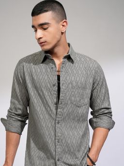 HIGHLANDER - Men Grey Cotton Blend Self Design Slim Fit Shirt