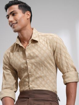 HIGHLANDER - Men Beige Cotton Blend Self Design Slim Fit Shirt