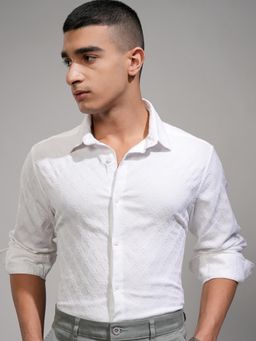 HIGHLANDER - Men White Cotton Blend Self Design Slim Fit Shirt