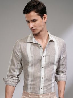 HIGHLANDER - Men Beige Polyester Blend Stripes Slim Fit Shirt